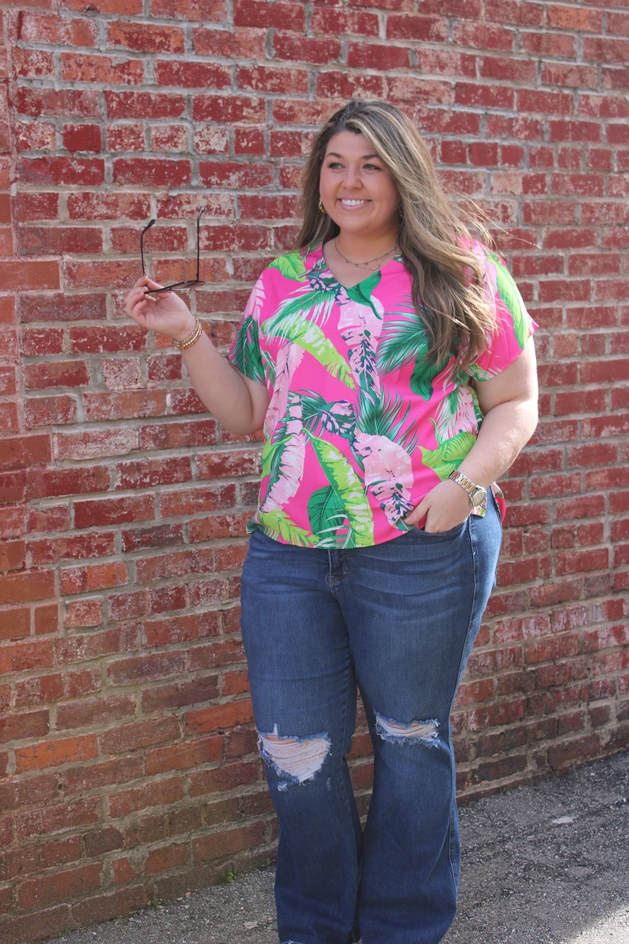 Short Sleeve Tropical Pink Blouse