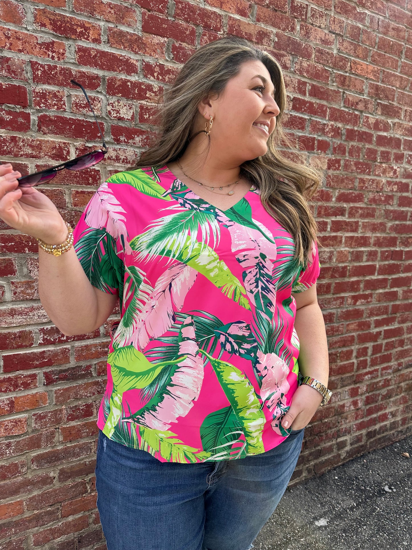 Short Sleeve Tropical Pink Blouse