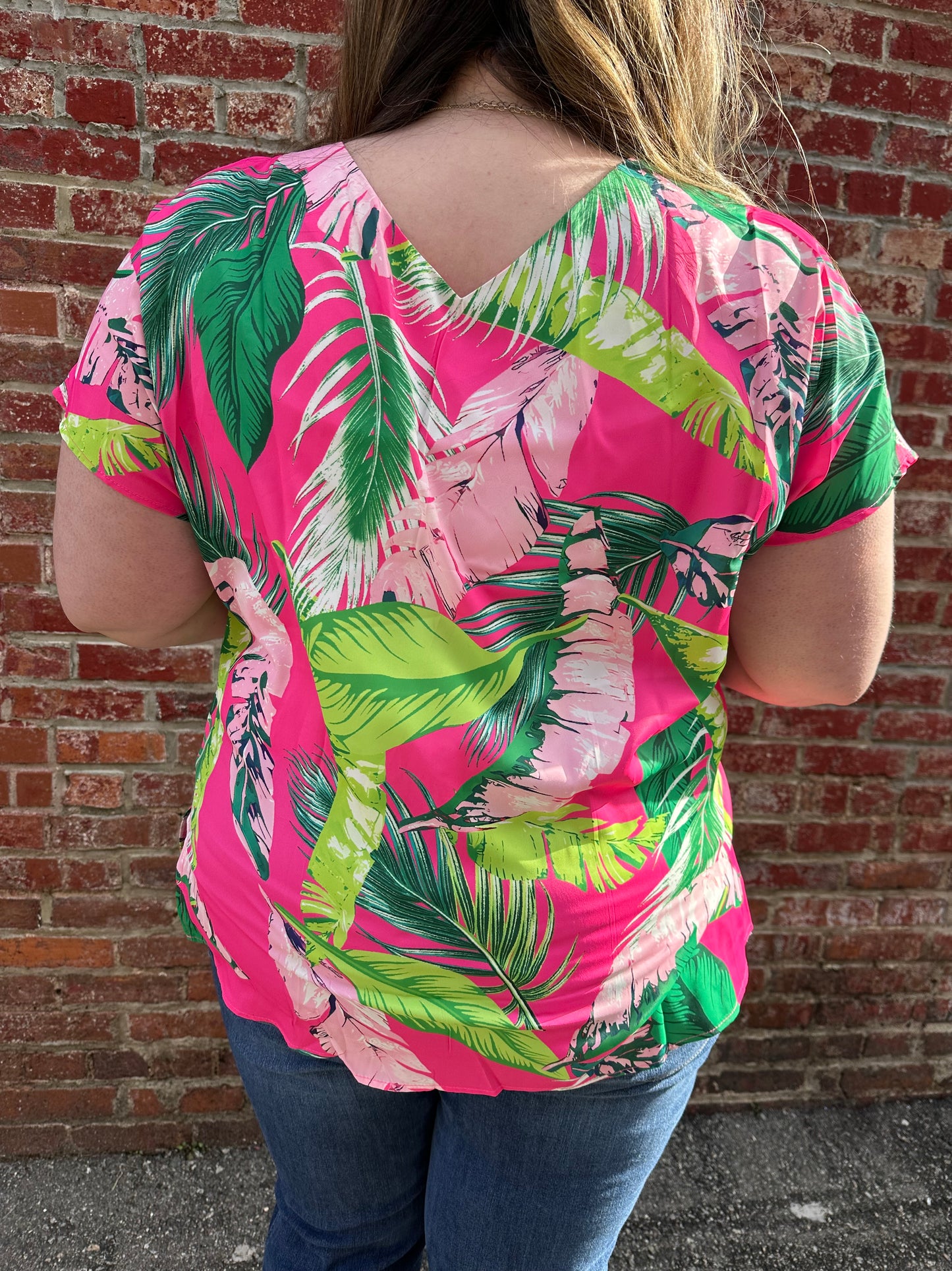 Short Sleeve Tropical Pink Blouse